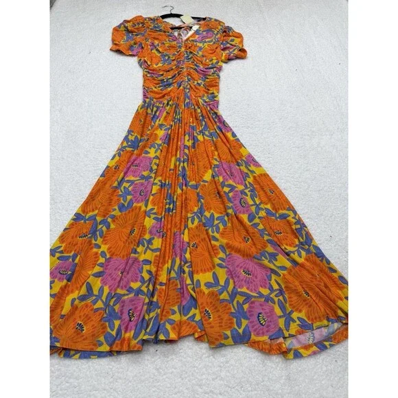 Farm Rio Anthropologie Midi Dress Ruched Orange Floral V Neck Preppy Small NWT